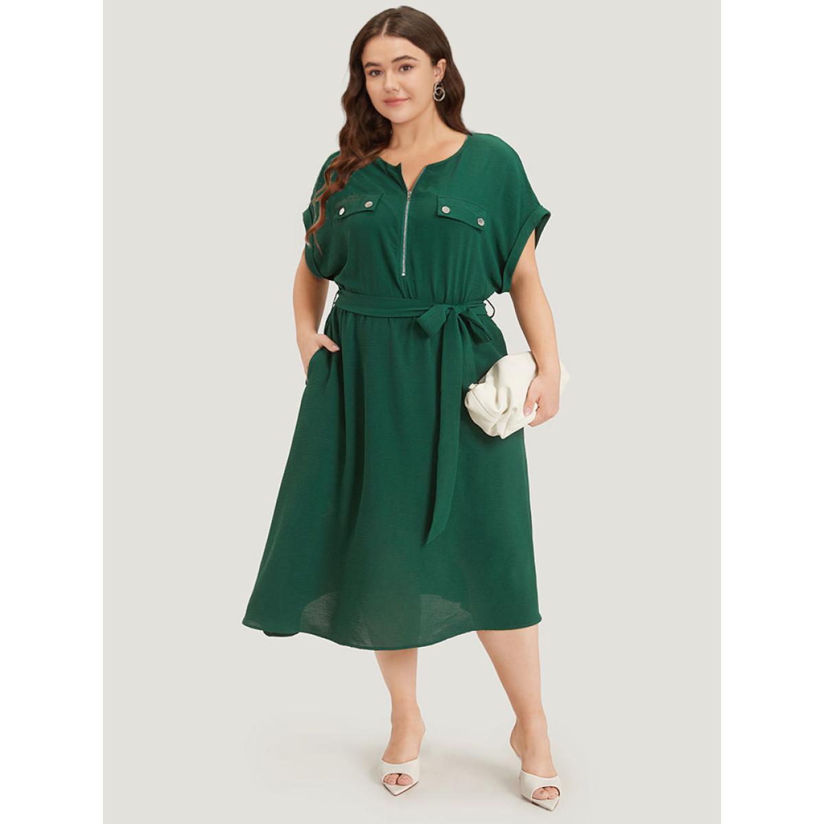 Plus Size Plain Zipper Pocket Button Detail Belted Roll Dress DarkGreen Women Office Plain Round Neck Short sleeve Curvy Midi Dress BloomChic 12/L Product Image