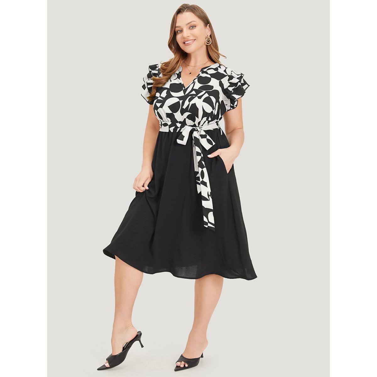Plus Size Geometric Pocket Belted Ruffle Sleeve Notched Dress White Women Office Plain Notched collar Cap Sleeve Curvy Midi Dress BloomChic 18-20/2X Product Image