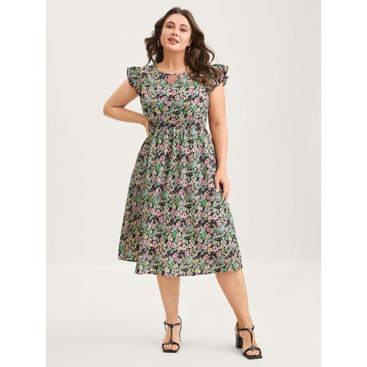 Plus Size Floral Layered Ruffled Sleeve Midi Dress Black Women Round Neck Cap Sleeve Curvy BloomChic 28/5X Product Image