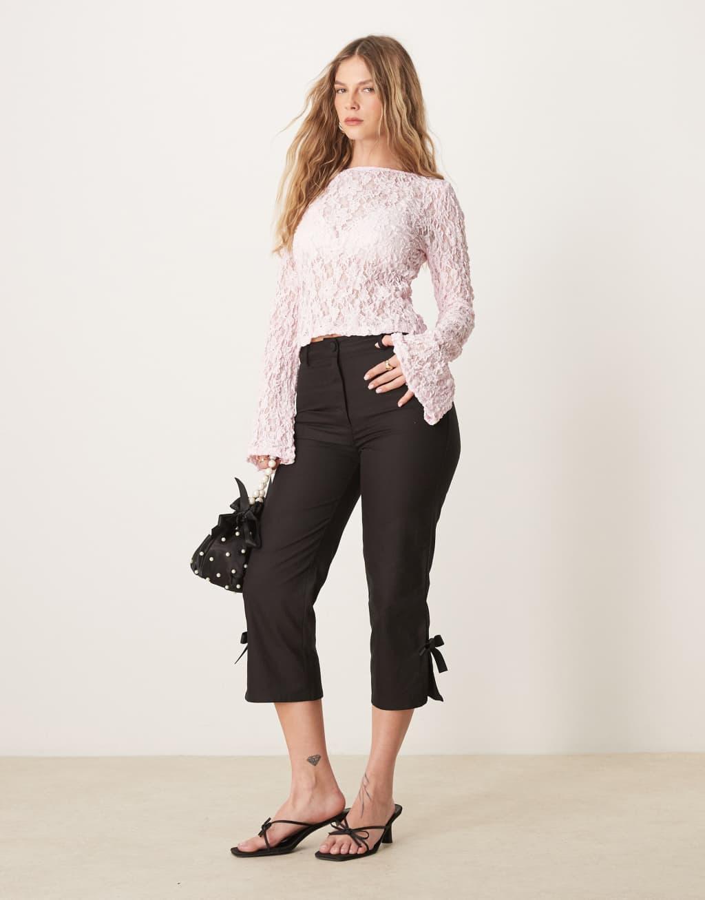 AS0S DESIGN slash neck sheer lace angel sleeve top in pink Product Image