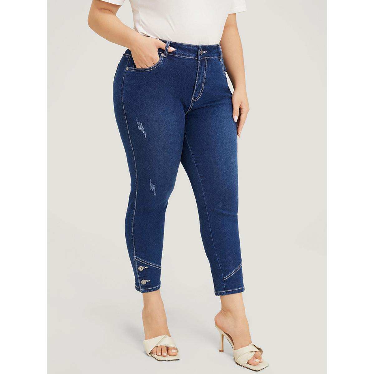 Plus Size Very Stretchy High Rise Dark Wash Button Hem Jeans Women Indigo Casual Plain Button High stretch Jeans BloomChic 28/5X Product Image
