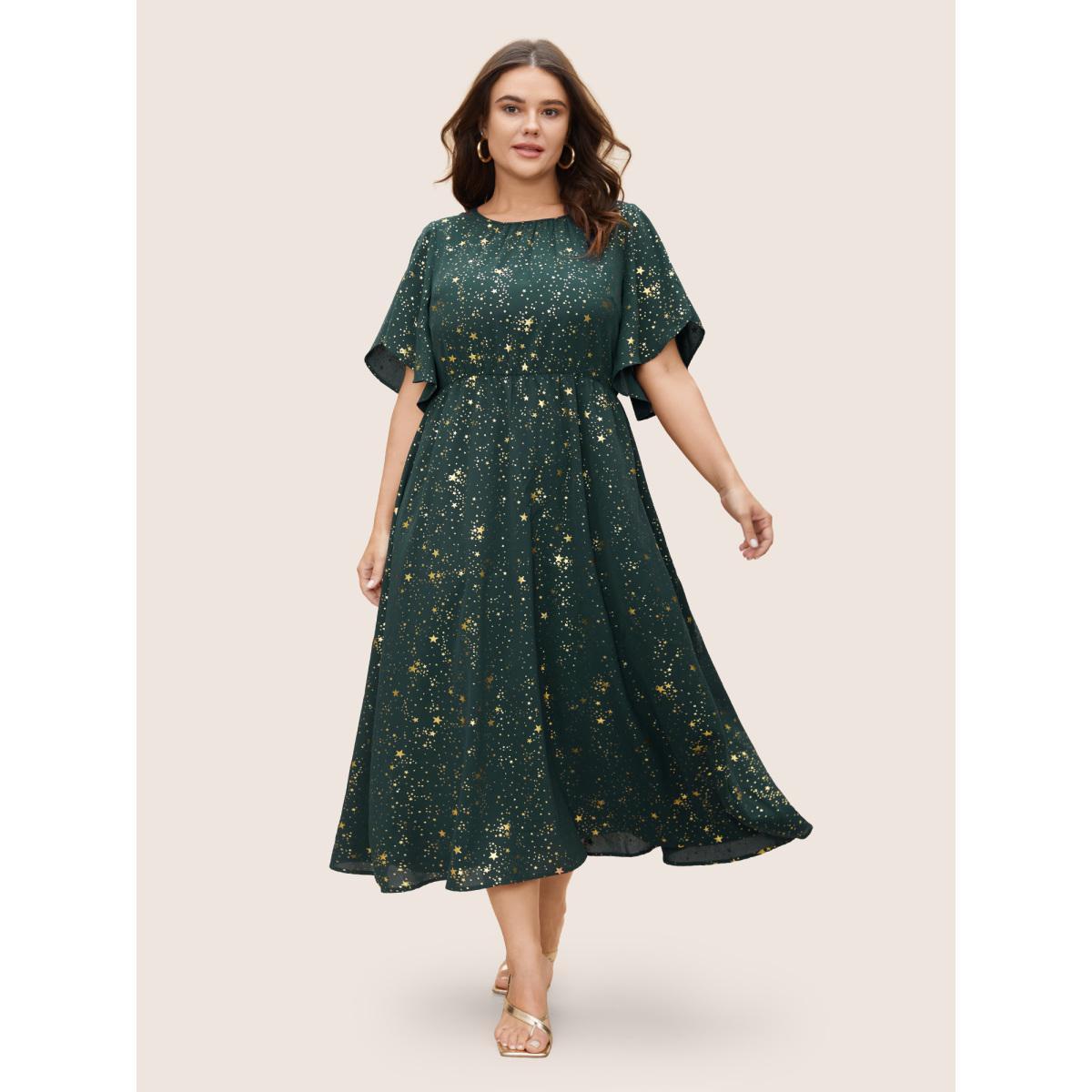 Plus Size Glitter Star Split Sleeve Midi Dress Mauve Women Elegant Gathered Round Neck Short sleeve Curvy BloomChic 12/L Product Image
