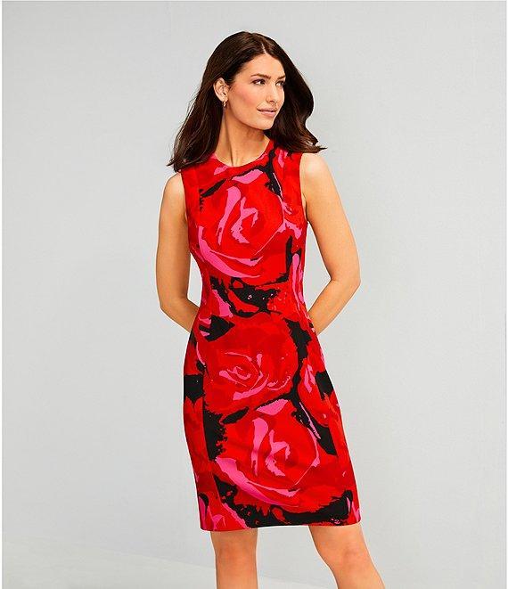 Investments Scuba Crepe red Roses Print Sleeveless Sheath Dress Product Image