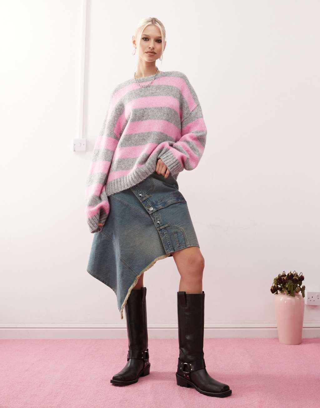 Monki crew neck knit sweater in pink and gray stripe Product Image