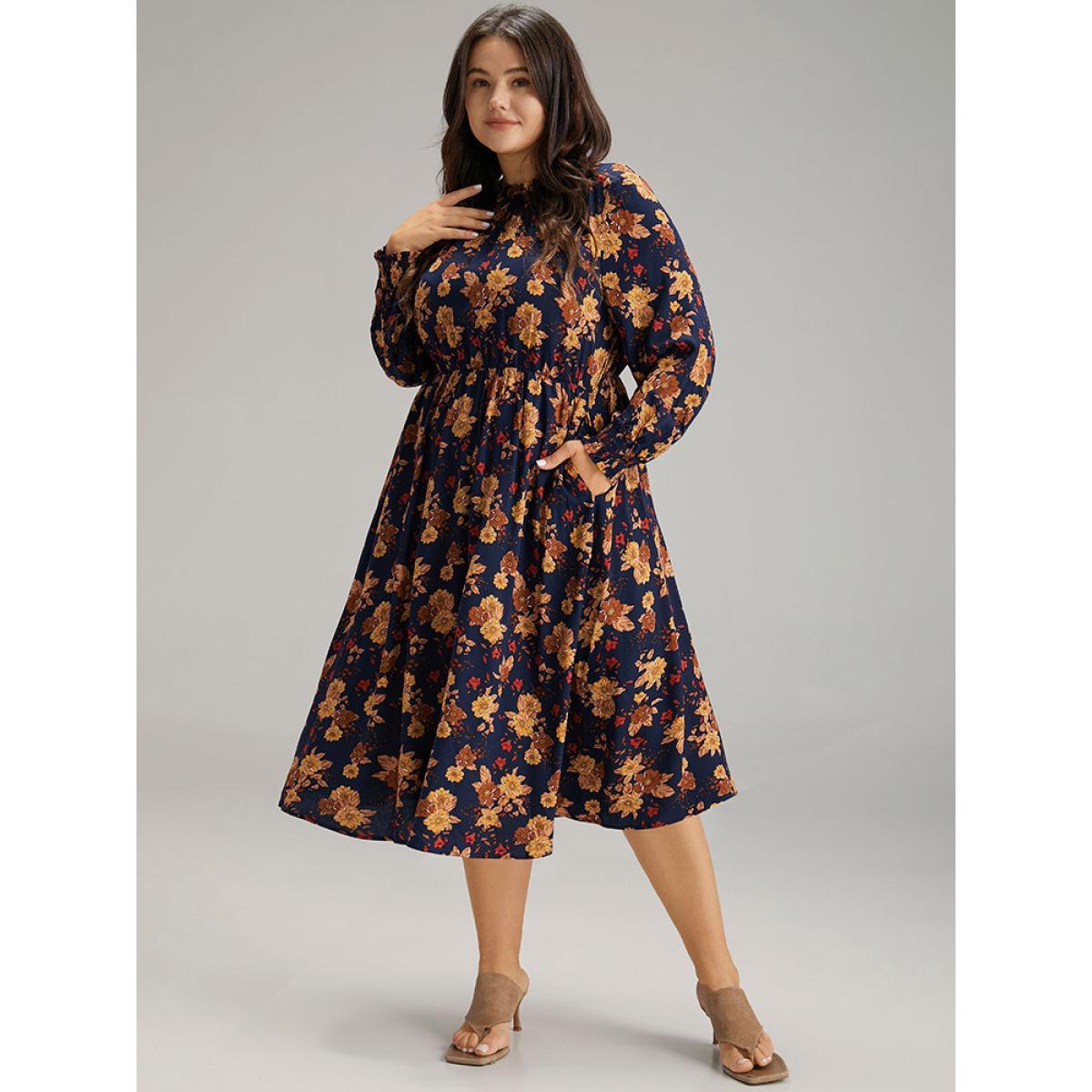 Plus Size Supersoft Essentials Floral Print Mock Neck Dress DarkBlue Women Elegant Printed Mock Neck Long Sleeve Curvy Midi Dress BloomChic 12/L Product Image