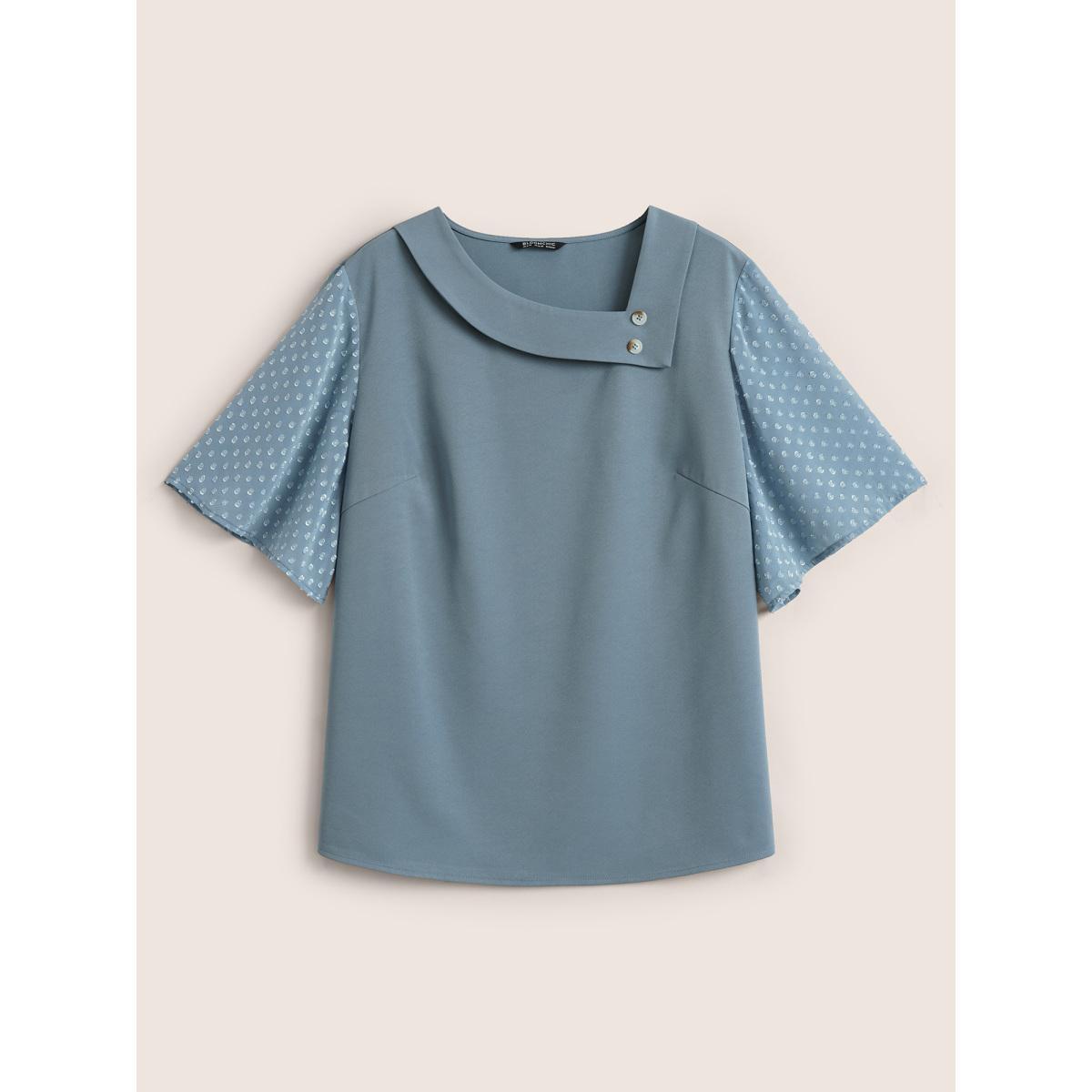 Plus Size Stone Patchwork Chiffon Asymmetrical Neck Button Detail Blouse Women At the Office Half Sleeve Asymmetrical Neck Work Blouses BloomChic 26/4X Product Image