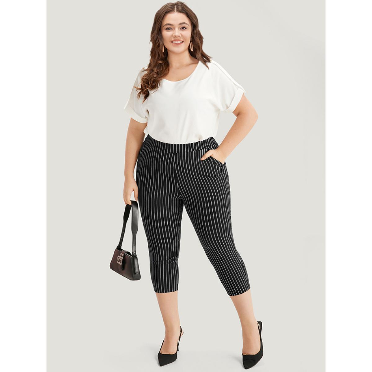 Plus Size Striped High Rise Pocket Elastic Waist Skinny Pants Women Black Office Skinny High Rise Work Pants BloomChic 14-16/1X Product Image