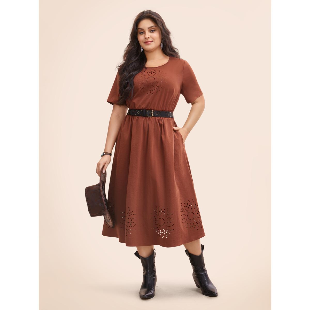 Plus Size Floral Burnout Stretchy Waist Midi Dress Rust Women Resort Cut-Out Round Neck Short sleeve Curvy BloomChic 18-20/2X Product Image