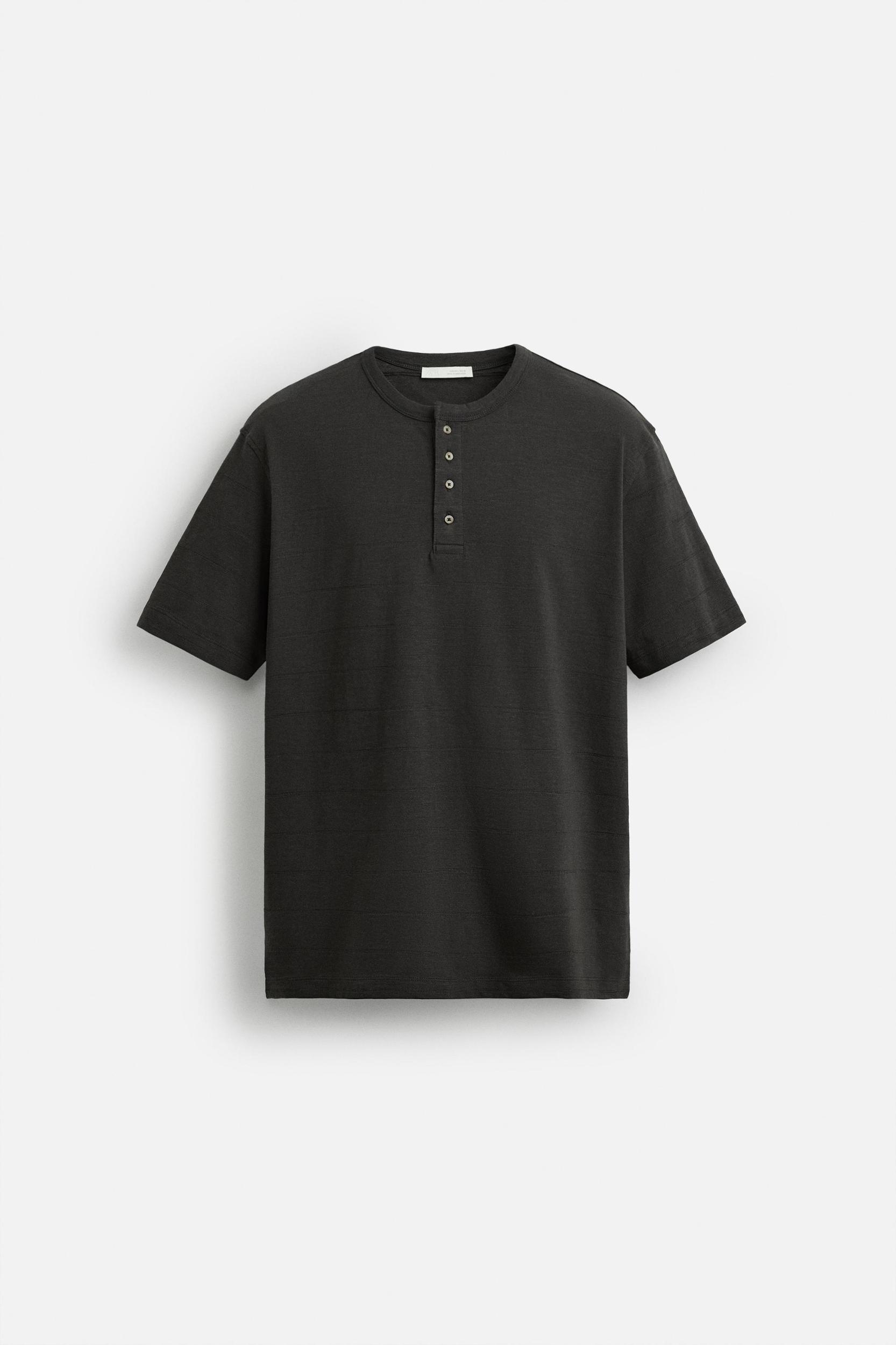 STRIPED BUTTON NECK T-SHIRT Product Image
