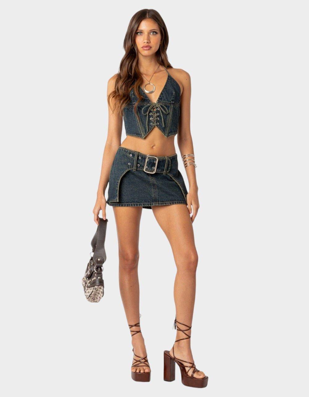EDIKTED Elara Washed Denim Mini Skirt Product Image