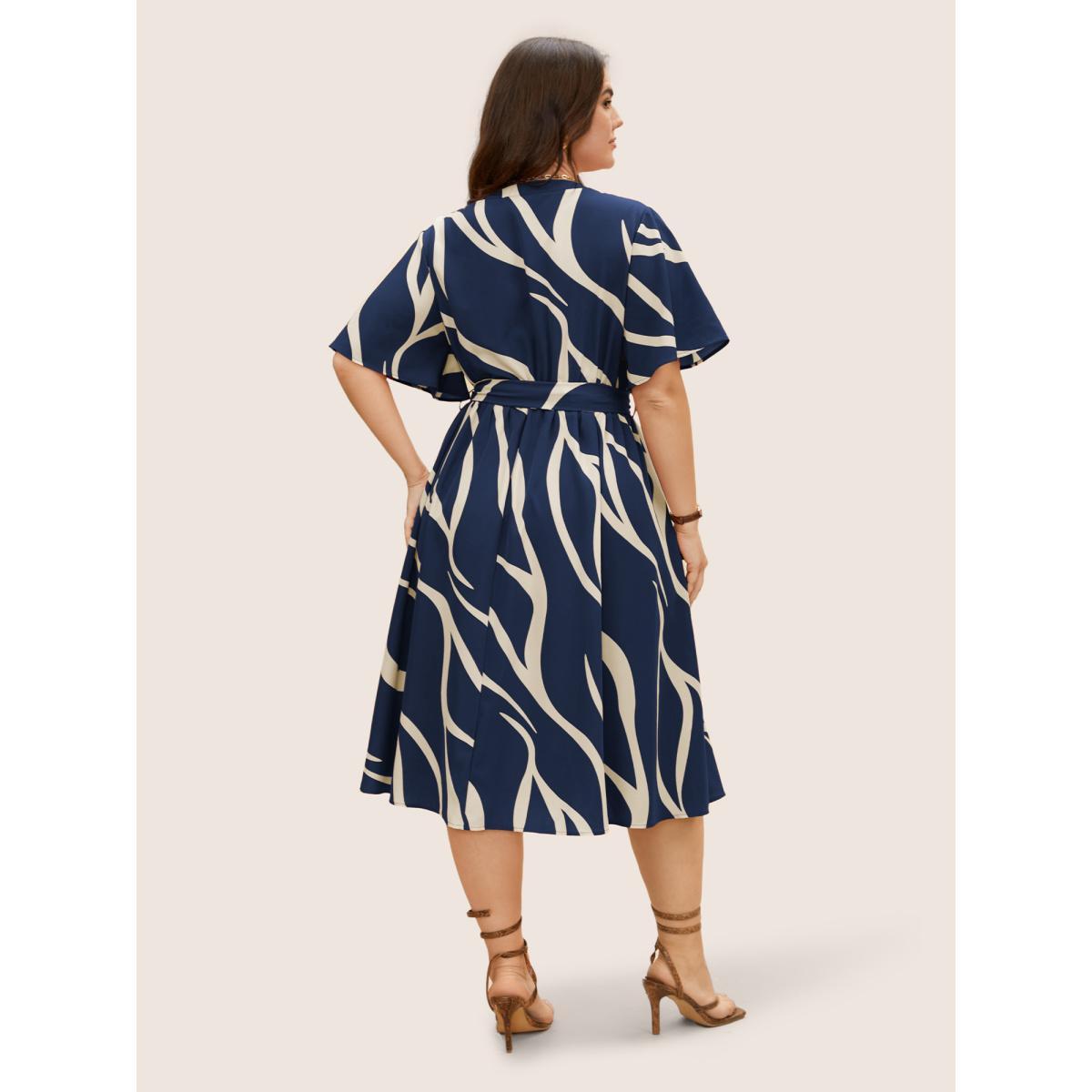 Plus Size Geometric Surplice Neck Tie Knot Midi Dress Navy Women At the Office Belted Flat collar with V-notch Short sleeve Curvy BloomChic 18-20/2X Product Image