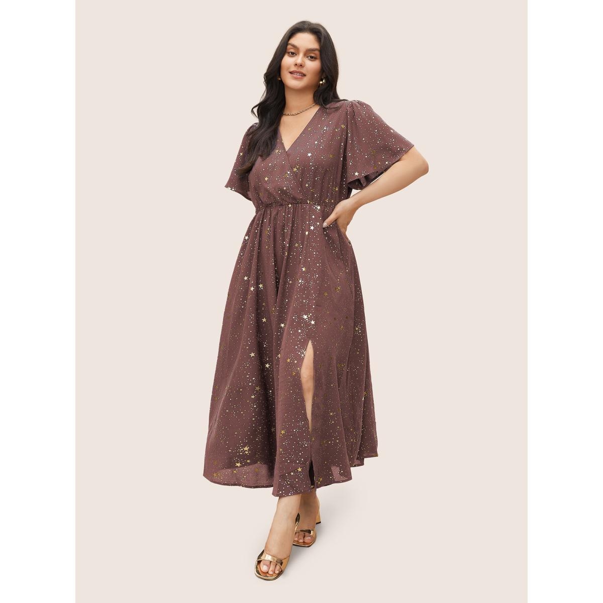 Moon and Star Galaxy Print Plus Size Dress Women Party Pocket Ruffle Sleeve Short Sleeve V Neck Pocket Going out Long Dress BloomChic Product Image