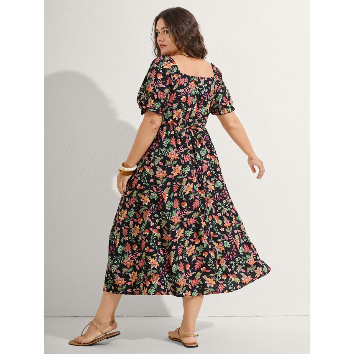Plus Size Net Shirred Paisley Print Midi Dress Black Women Shirred Square Neck Short sleeve Curvy BloomChic 12/L Product Image