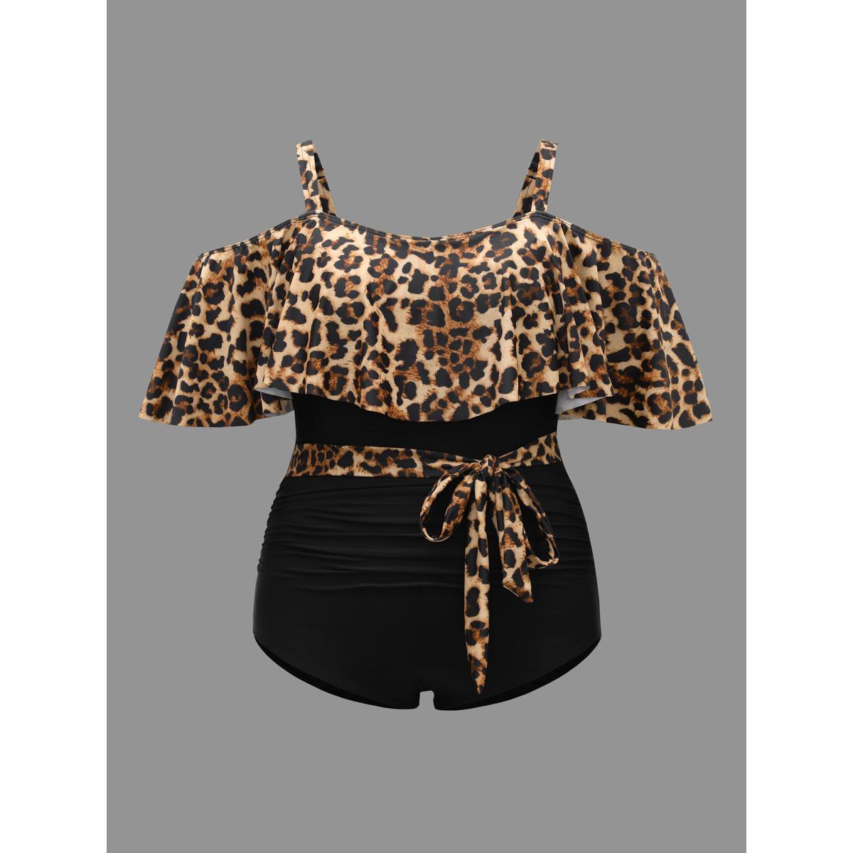 Plus Size Leopard Print Tiered Ruffles Belted One-Piece Swimsuit Women's Swimwear Leopard Beach Tie knot Curve Bathing Suits High stretch One Pieces BloomChic 18-20/2X Product Image
