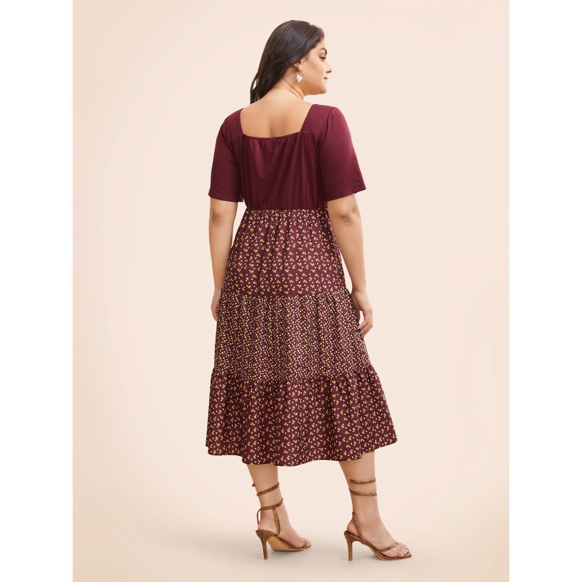 Plus Size Ditsy Floral Patchwork Ruffle Layered Hem Dress Burgundy Women Elegant Patchwork Heart neckline Short sleeve Curvy BloomChic 10/M Product Image