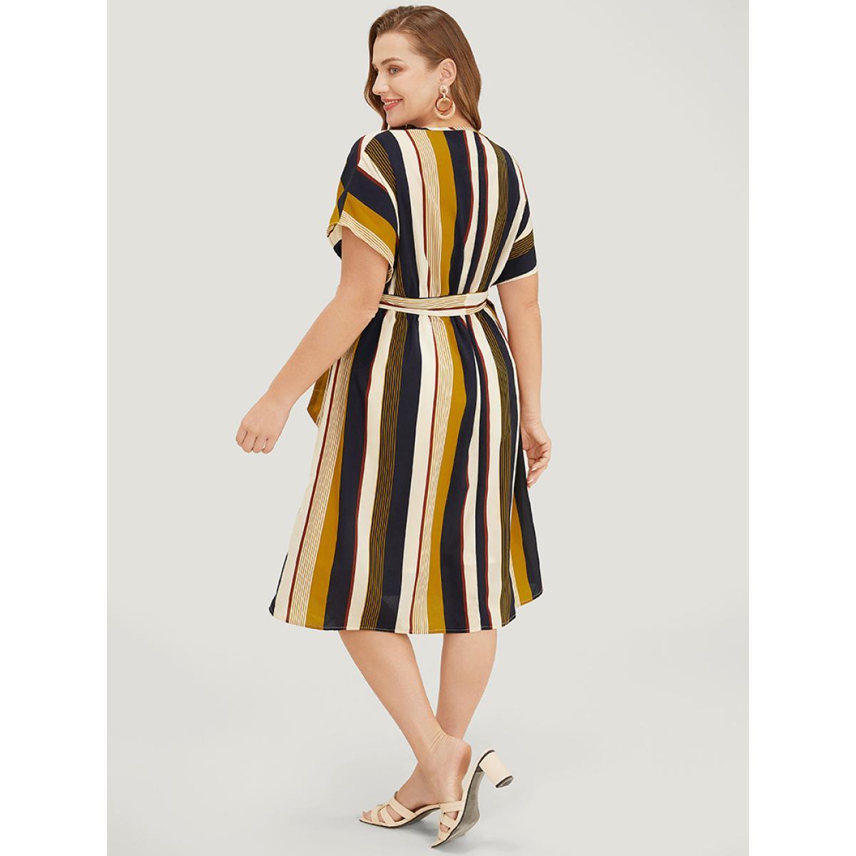 Plus Size Striped Patchwork Belted Ruffles Pocket Dolman Sleeve Dress Multicolor Women Vacation Contrast Round Neck Short sleeve Curvy Knee Dress BloomChic 18-20/2X Product Image