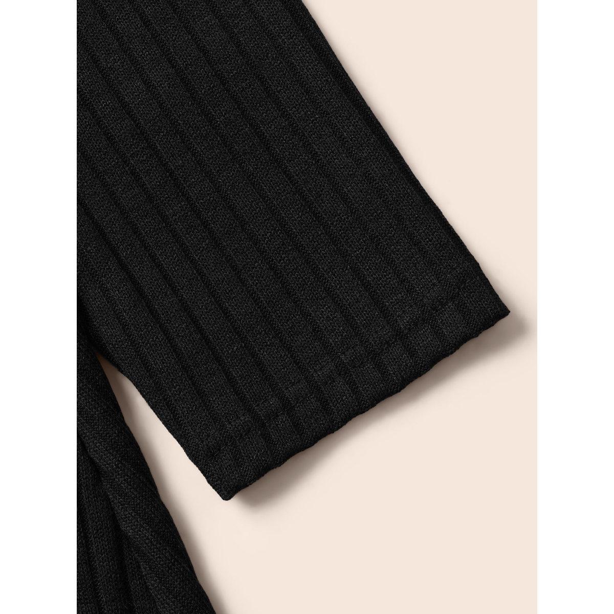 Plus Size Solid Pocket Rib Knit Ruffle Hem Dress Without Belt Black Women Basics Non Round Neck Long Sleeve Curvy Midi Dress BloomChic 14-16/1X Product Image