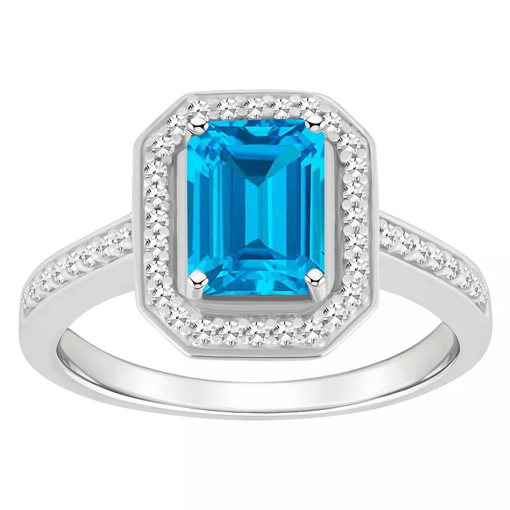 Celebration Gems Sterling Silver 8 mm x 6 mm Emerald Cut Gemstone & 1/5 Carat T.W. Diamond Halo Ring, Womens, Blue Topaz Product Image