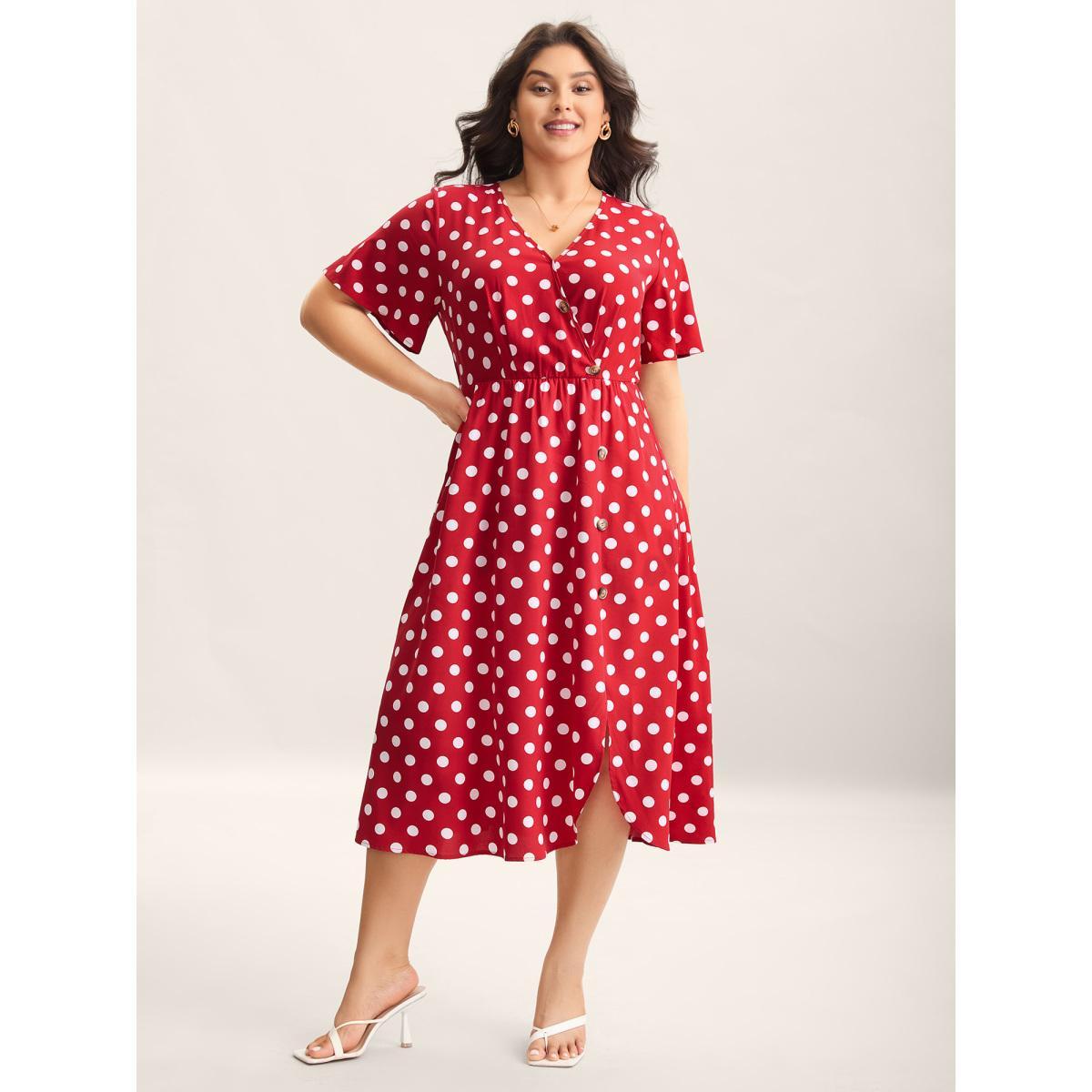 Plus Size Polka Dots Surplice Button Detail Midi Dress Burgundy Women Overlap Collar Short sleeve Curvy BloomChic 28/5X Product Image