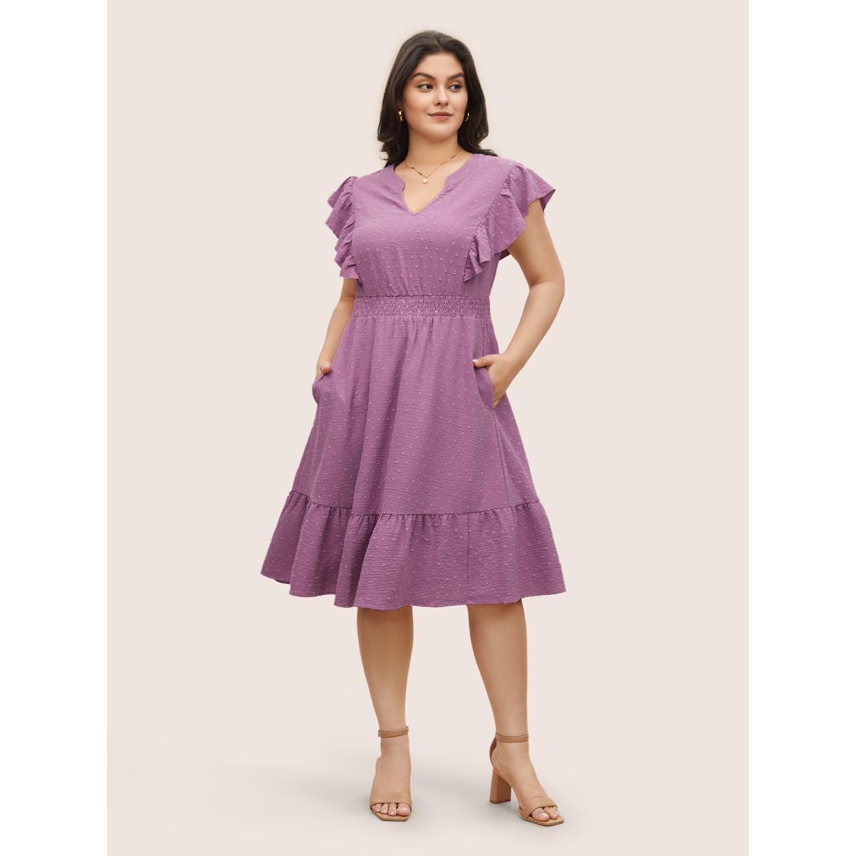 Plus Size Solid Textured Shirred Patchwork Ruffles Dress Lilac Women Elegant Non Notched collar Cap Sleeve Curvy Midi Dress BloomChic 10/M Product Image