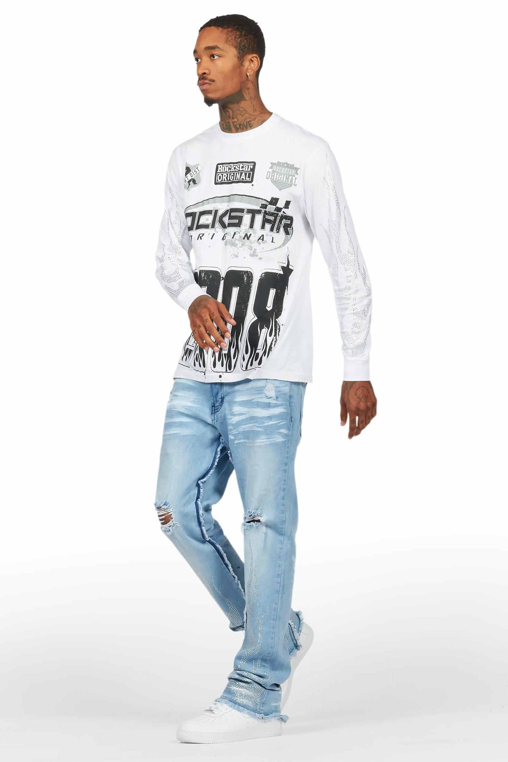Amos White/Blue Rhinestone Long Sleeve T-Shirt/Stacked Flare Jean Set Male Product Image