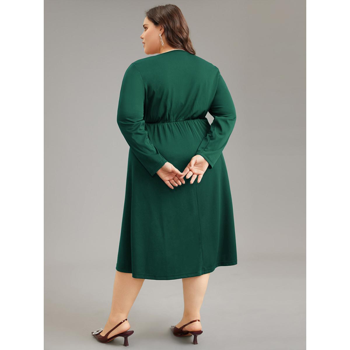 Plus Size Plain Sequin Patchwork Elastic Waist Dress DarkGreen Women Glamour Sequin Square Neck Long Sleeve Curvy Midi Dress BloomChic 22-24/3X Product Image