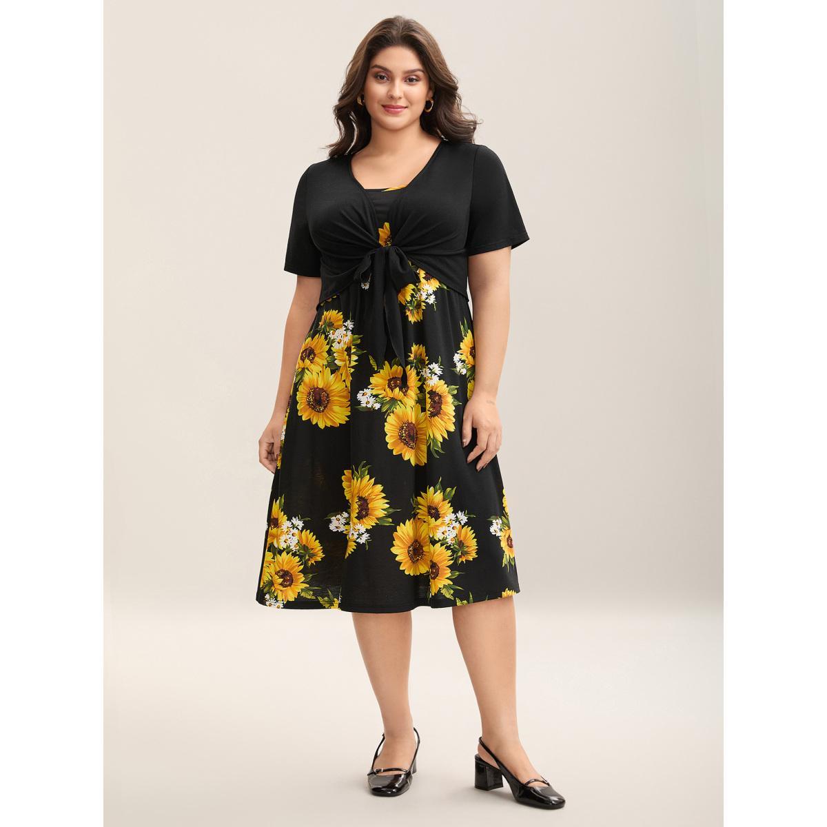 Plus Size Sunflower Print Knotted Front Pockets Midi Dress Black Women Elegant Tie knot Knit Dresses Bloomchic 22-24/3X Product Image