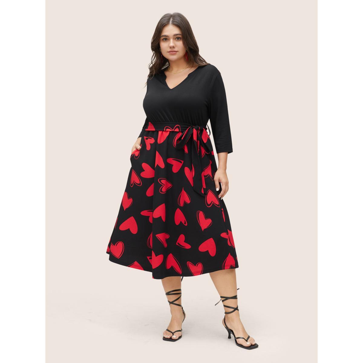 Plus Size Heart Print Notched Belted Patchwork Dress Black Women Elegant Non Notched collar Elbow-length sleeve Curvy Midi Dress BloomChic 30/6X Product Image