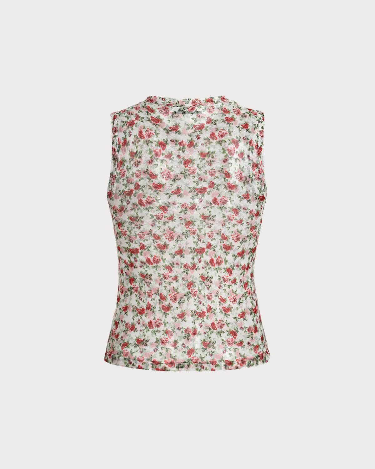 Red Floral Round Neck Tank Top Product Image