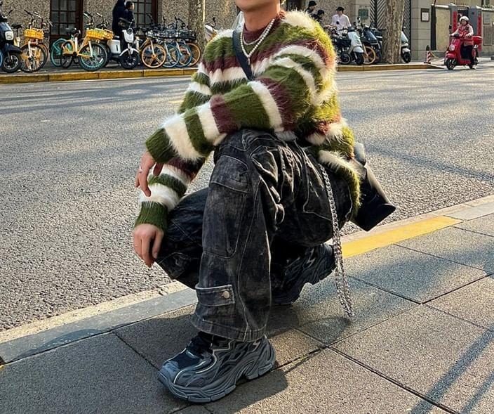 Long-Sleeve Crew Neck Striped Sweater Product Image