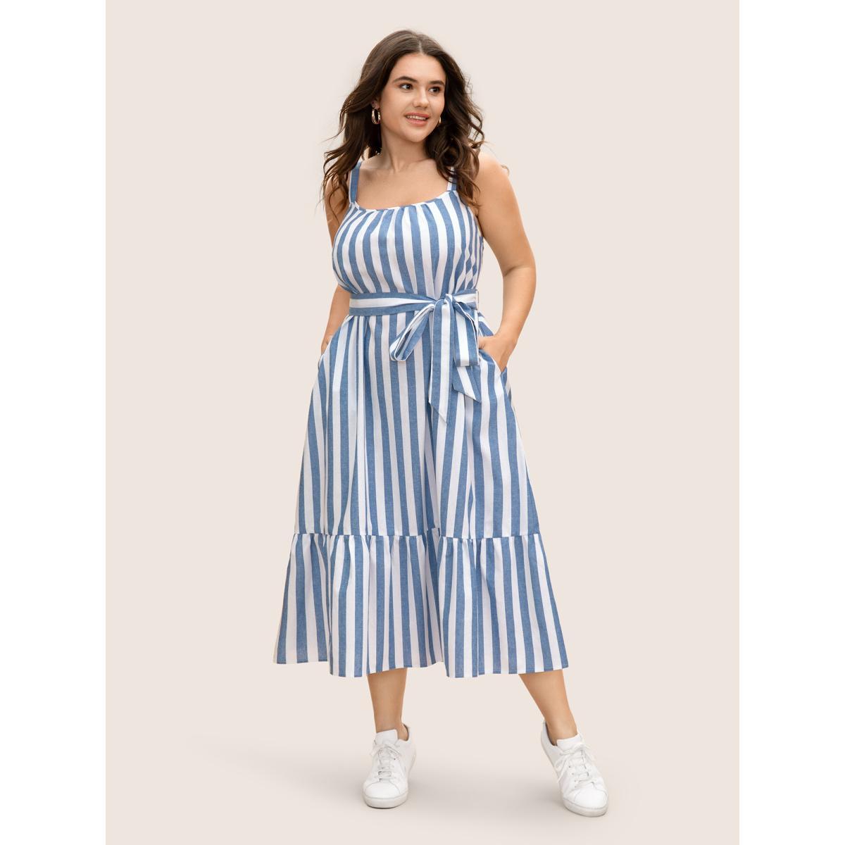 Plus Size Striped Linen Blend Ruffle Layered Hem Dress LightBlue Women Casual Belted Square Neck Sleeveless Curvy BloomChic 12/L Product Image