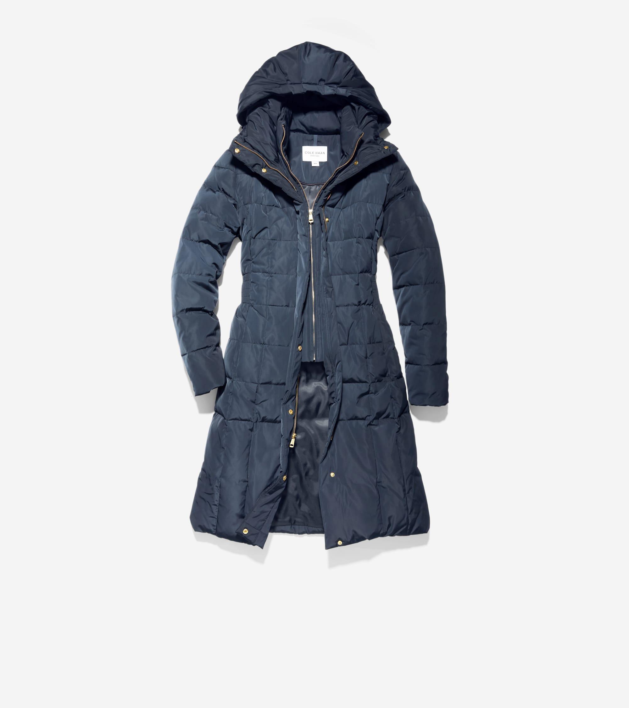 Cole Haan Womens 40 Signature Hooded Taffeta Down Coat - Blue Size XL Product Image