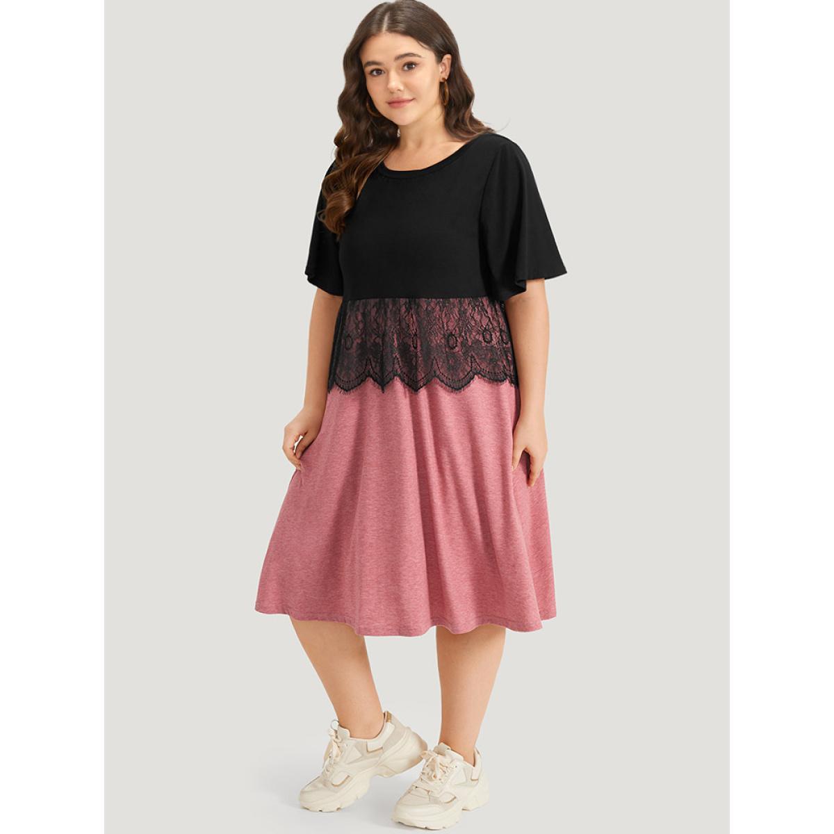 Plus Size Supersoft Essentials Colorblock Contrast Guipure Lace Flutter Sleeve Dress Rouge Women Casual Contrast Round Neck Short sleeve Curvy Midi Dress BloomChic 26/4X Product Image