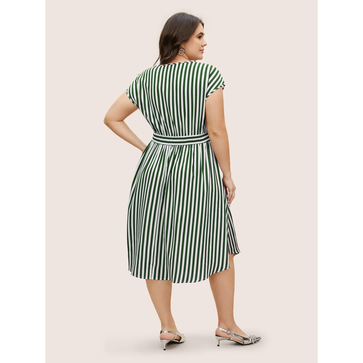 Plus Size Striped Shirred Dolman Sleeve Dress Truegreen Women At the Office V-neck Cap Sleeve Curvy BloomChic 22-24/3X Product Image