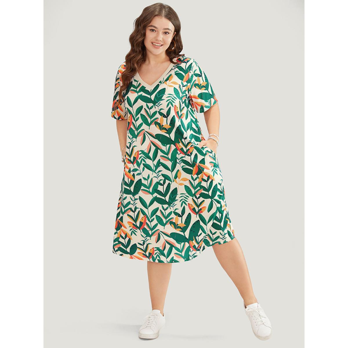 Plus Size Plant Print Pocket V Neck Ruffle Midi Dress Green Women Casual Pocket V-neck Short sleeve Curvy Midi Dress BloomChic 14-16/1X Product Image