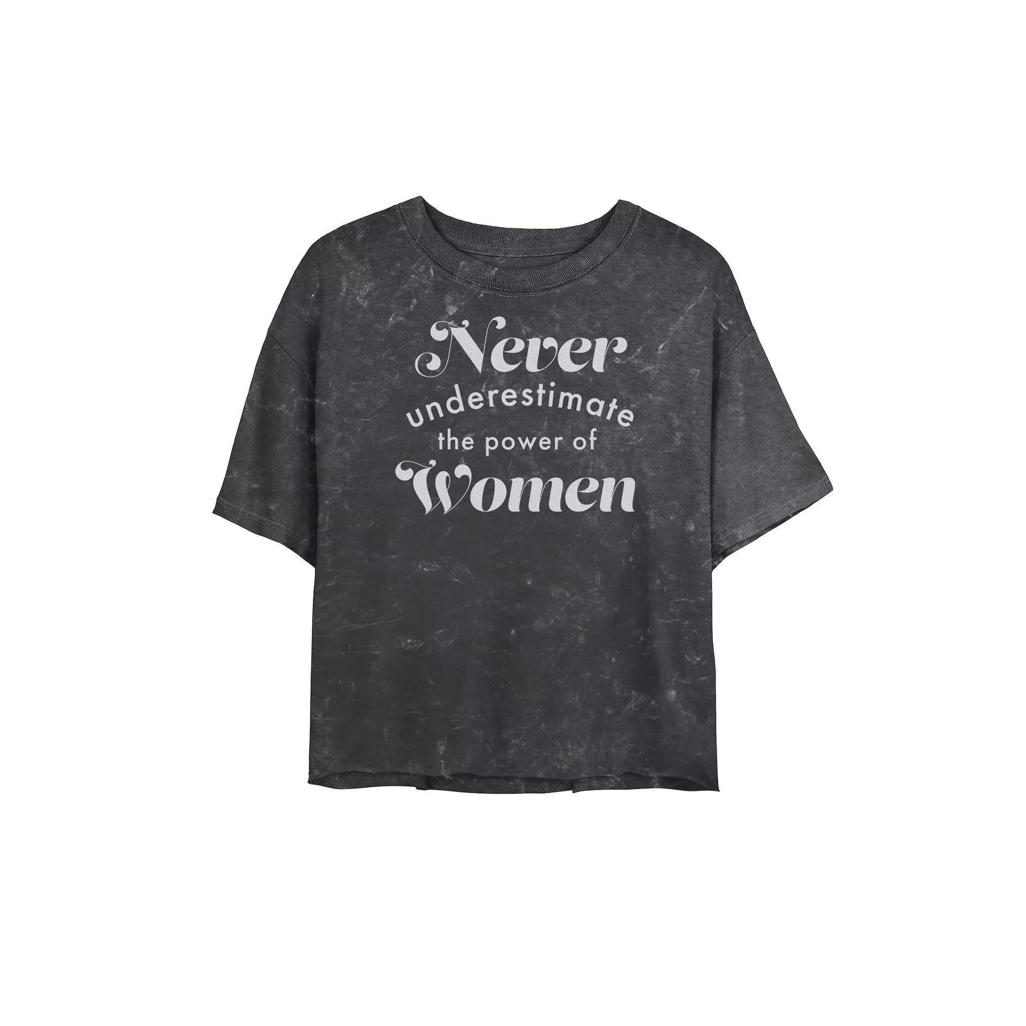 Juniors' "Never Underestimate The Power Of Women" Bombard Wash Cropped Tee, Girl's, Size: Small, Black Grey Product Image