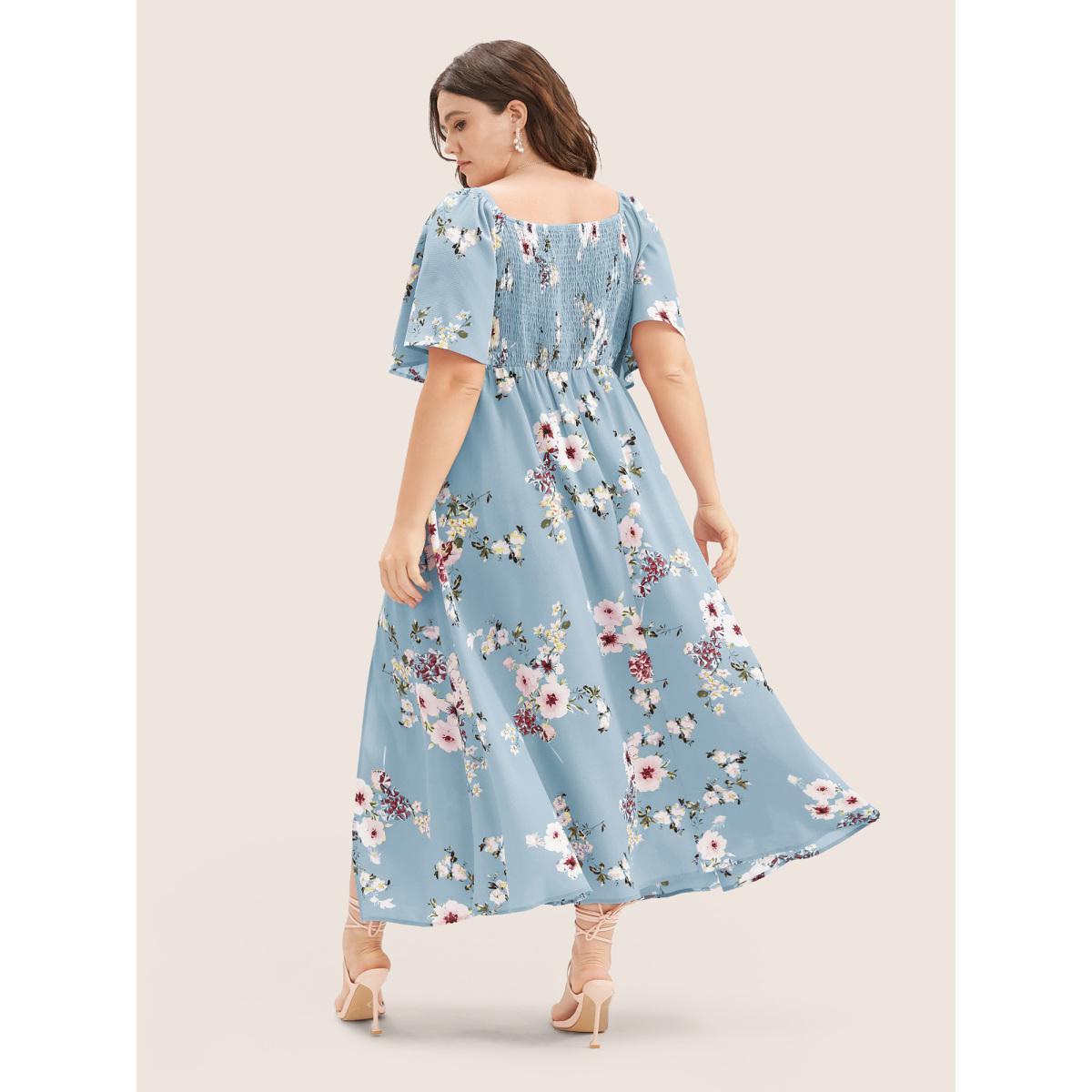 Plus Size Floral Square Neck Ruffles Pocket Shirred Split Dress Stone Women Elegant Non Square Neck Short sleeve Curvy BloomChic 18-20/2X Product Image