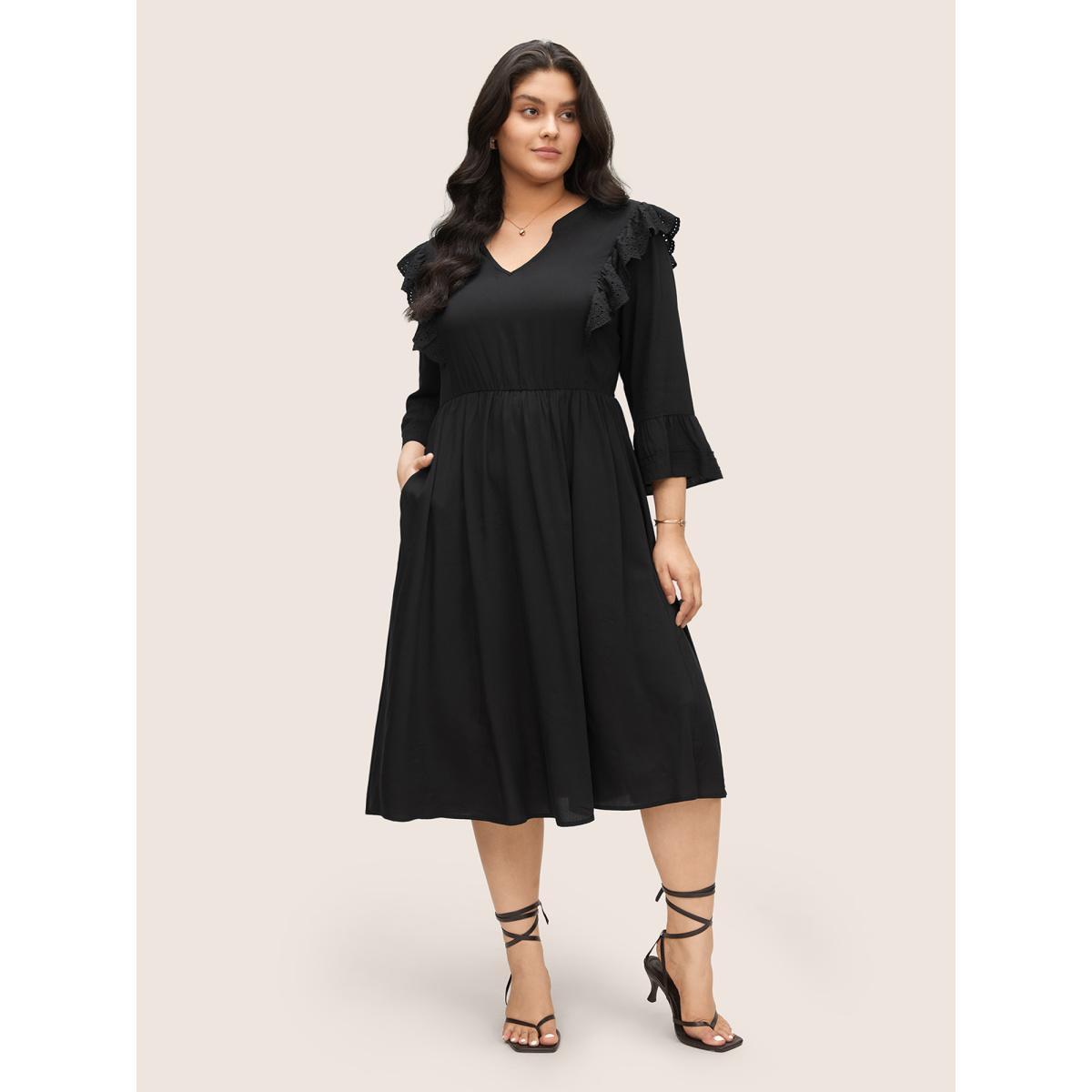 Plus Size Solid Laser Cut Flutter Trim Bell Sleeve Dress Black Women Elegant Non Notched collar Elbow-length sleeve Curvy Knee Dress BloomChic 10/M Product Image