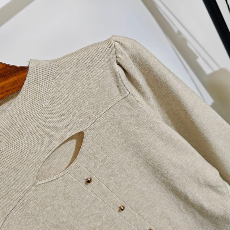 Long Sleeve Mock Neck Cut Out Button Up Knitted Top Product Image