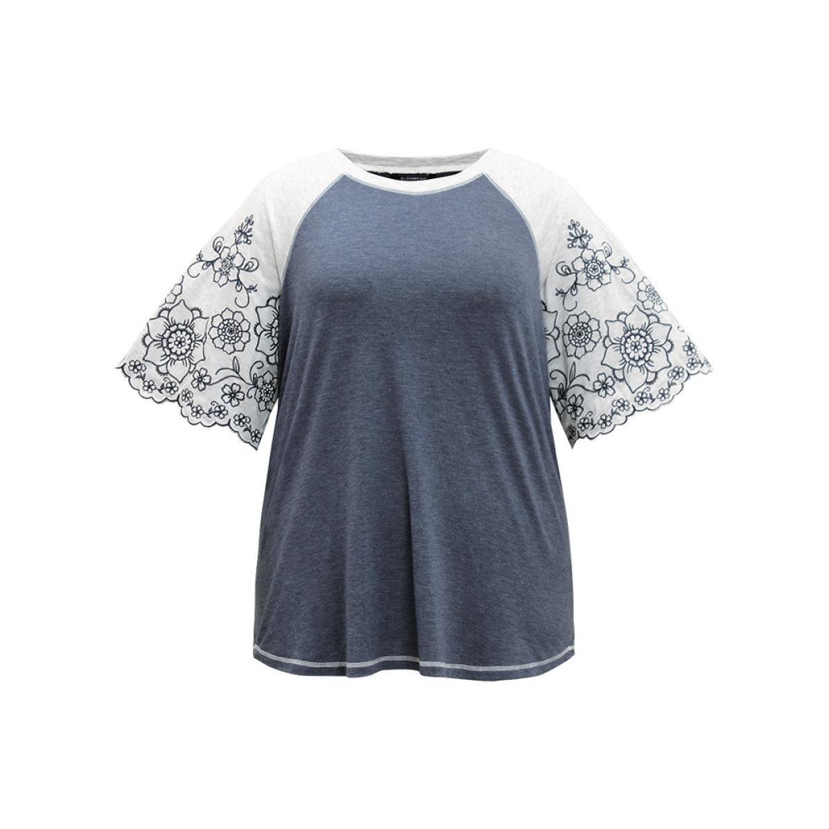 Plus Size Contrast Embroidered Scalloped Trim T-shirt Indigo Women Elegant Contrast Silhouette Floral Print Round Neck Dailywear T-shirts BloomChic 18-20/2X Product Image
