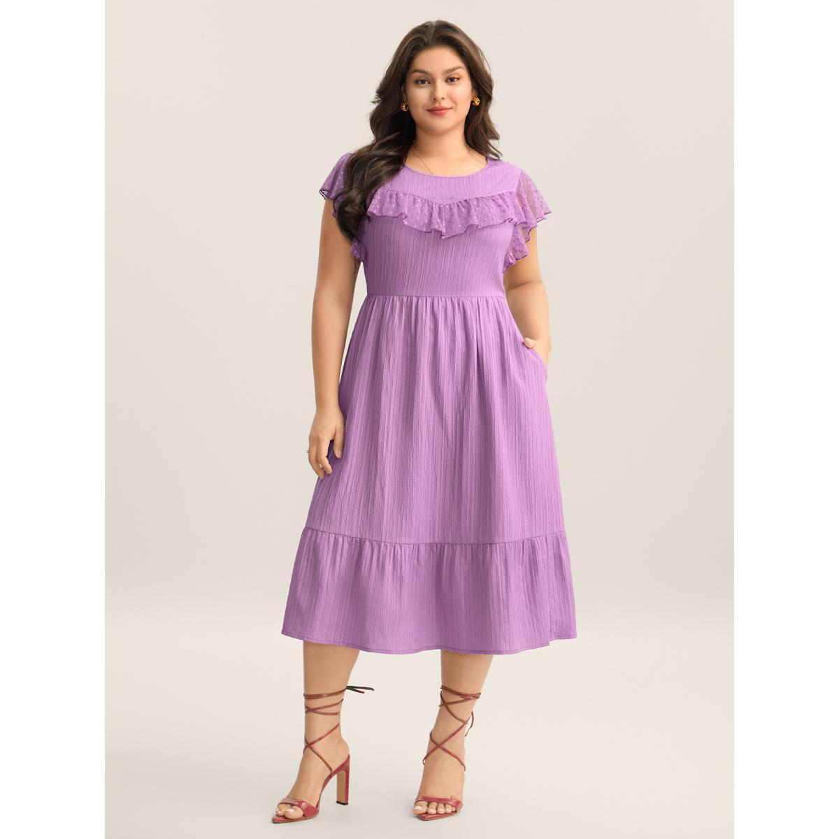 Plus Size Textured Ruffled Detail Pockets Midi Dress RedViolet Women Round Neck Cap Sleeve Curvy BloomChic 26/4X Product Image
