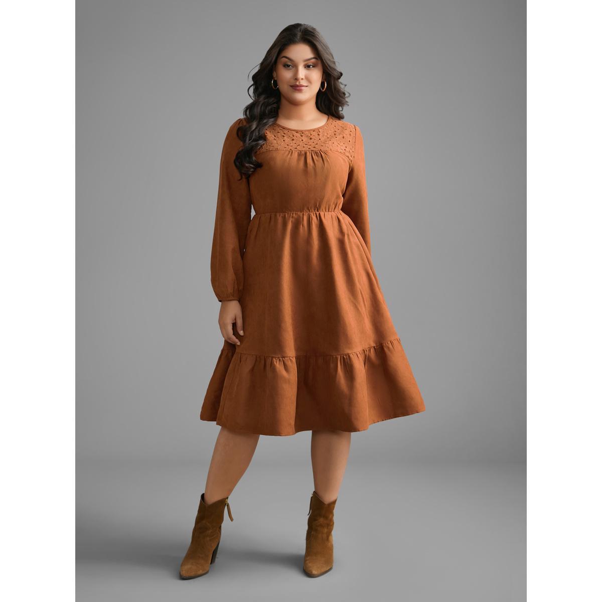 Plus Size Faux Suede Lace Panel Lantern Sleeve Dress Yellowishbrown Women Elegant Texture Round Neck Long Sleeve Curvy BloomChic 30/6X Product Image