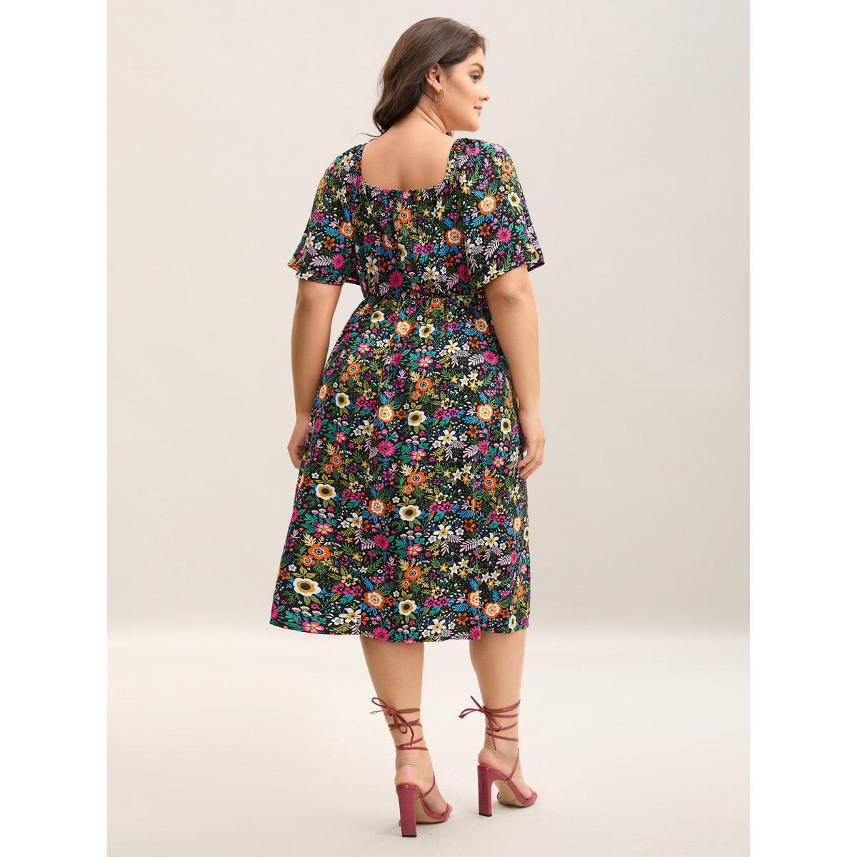 Plus Size Bold Floral Print Pockets Midi Dress Black Women Elegant Square Neck Short sleeve Curvy BloomChic 12/L Product Image