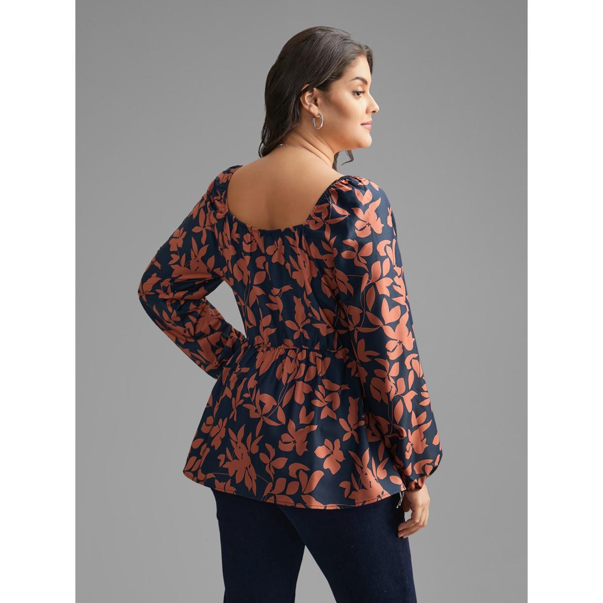 Plus Size Indigo Notched Silhouette Floral Print Lantern Sleeve Blouse Women Elegant Long Sleeve Notched collar Everyday Blouses BloomChic 12/L Product Image