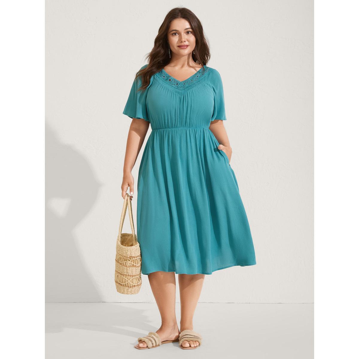 Plus Size Lace Neck Flared Sleeve Midi Dress Arctic Women V-neck Short sleeve Curvy BloomChic 22-24/3X Product Image
