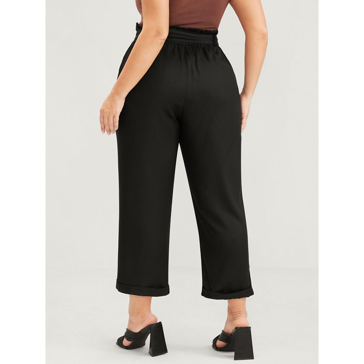 Plus Size Solid Pocket Front Paperbag Waist Belted Pants Women Black Casual High Rise Dailywear Pants BloomChic 30/6X Product Image