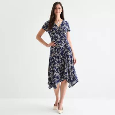 Perceptions Womens Short Sleeve Floral Midi Fit + Flare Dress Product Image