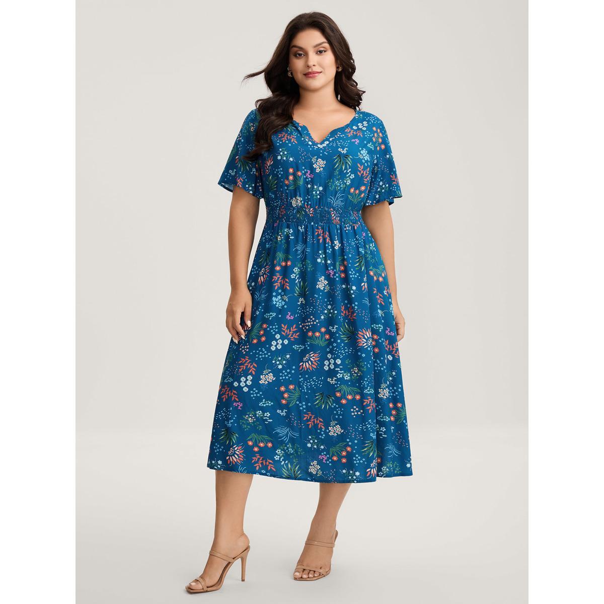 Plus Size Rayon Playful Floral Shirred Midi Dress Mediumblue Women Notched collar Short sleeve Curvy BloomChic 30/6X Product Image