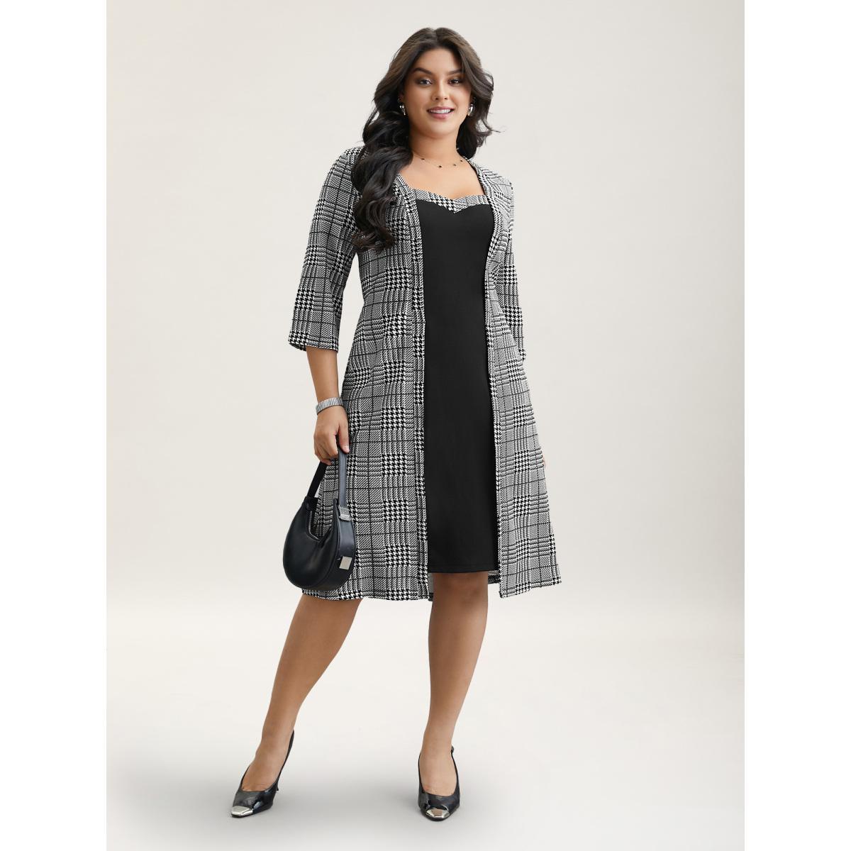 Plus Size Houndstooth Print Waist-Cinched Patchwork Midi Dress BlackFlower Women At the Office Patchwork Knit Dresses Bloomchic 10/M Product Image
