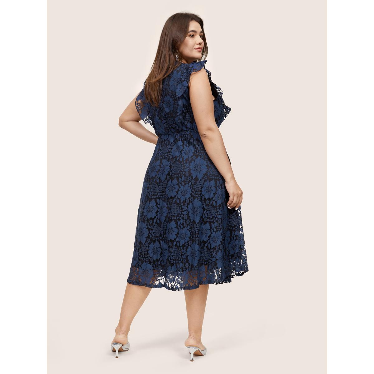 Plus Size Eyelet Lace Pocket Ruffle Trim Sleeveless Dress Black Women Glamour Lace V-neck Sleeveless Curvy Midi Dress BloomChic 18-20/2X Product Image